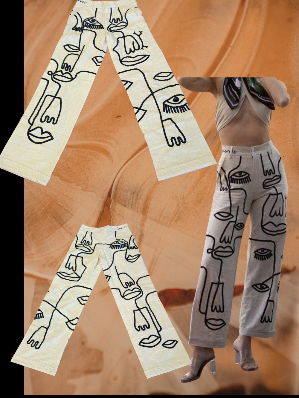 Maison Abstract Face Print Wide-Leg Pants - Cream